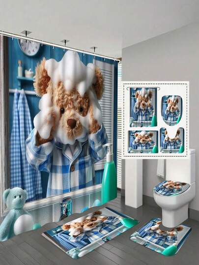 Bộ trang trí phòng tắm hình gấu bông thời trang 1/4 món, bao gồm thảm chống trượt, thảm nhà vệ sinh, thảm tắm, rèm tắm mờ và 12 móc treo bền chắc, đồ trang trí và phụ kiện phòng tắm chất lượng cao, phù hợp với mọi phong cách nội thất.