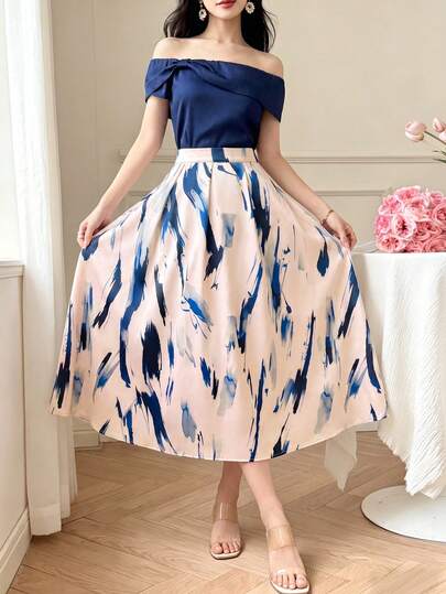 Damen Neuer Stil Blau Off-Shoulder Bardot Bluse mit Schleifendetail, Französisch elegant schicke Bluse, bedruckter locker taillierter A-Linien Midi Rock, elegantes modisches Casual Urlaubs Strand Party Festival Club Geburtstag Formal Ausgehgarderobe Zweiteiler, Frühling Sommer Herbst