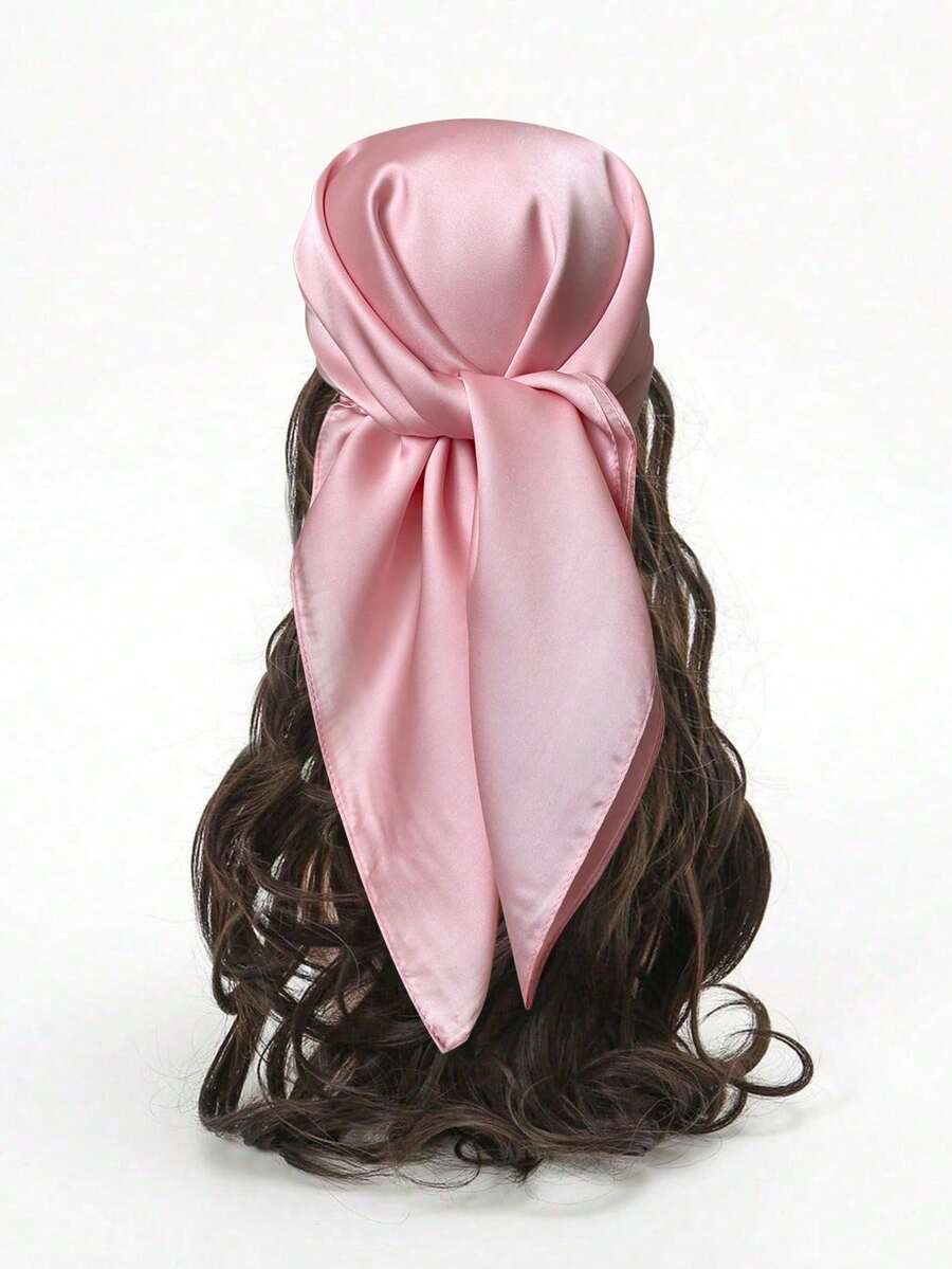 1pc Soft Solid Color Silk-Like Minimalist Headscarf/Headband, Suitable For Styling - Pink - View 1