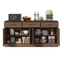 Kitchen Unit/Sideboard With 3 Drawers And Adjustable Shelves, 160cm Kitchen Island With Concrete-Look Countertop, Walnut Look, 76.5 X 160 X 37cm - Natural Color - View 1