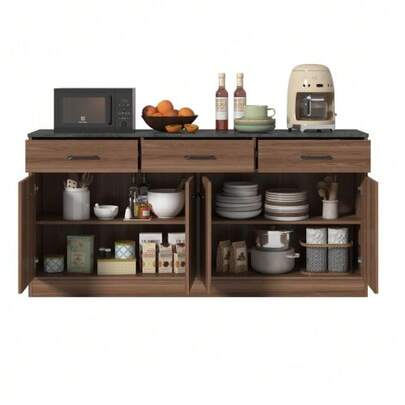Kitchen Unit/Sideboard With 3 Drawers And Adjustable Shelves, 160cm Kitchen Island With Concrete-Look Countertop, Walnut Look, 76.5 X 160 X 37cm
