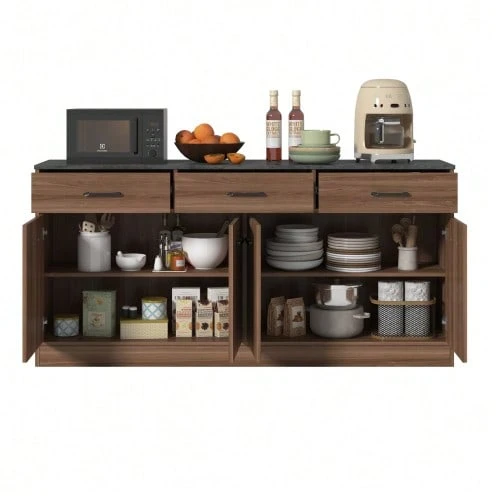 Kitchen Unit/Sideboard With 3 Drawers And Adjustable Shelves, 160cm Kitchen Island With Concrete-Look Countertop, Walnut Look, 76.5 X 160 X 37cm - Natural Color - View 1