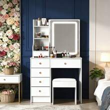 White Vanity Table With LDE Lighted Mirror, Stool, Drawers, Storage Shelves, Makeup Dressing Table With LDE Mirror, 10 LED Bulbs - Adjustable Lighted Modes - LED Sliding Mirror - Dressing Table Set - White - View 2