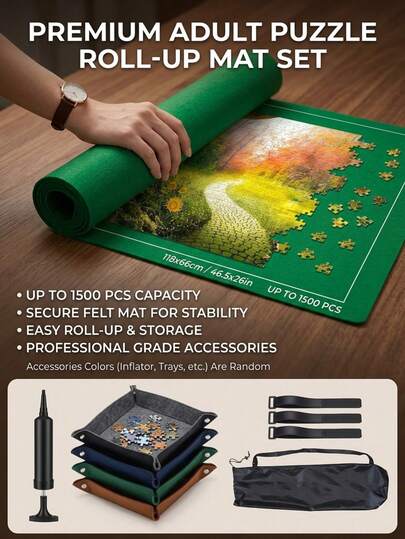 1 Set Alas Puzzle Felt Hitam & Hijau dengan Roda Penyimpanan, Cocok untuk Puzzle Dewasa 1500 Keping, Dapat Dilengkapi dengan Aksesoris Puzzle, Cocok untuk Natal dan Acara Kumpul-kumpul Liburan Lainnya