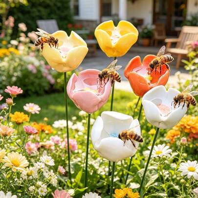 3pcs Ceramic Bee & Hummingbird Feeder, Handmade Insect Feeder, Suitable For Outdoor Garden, Metal Yard Decor, Outdoor Garden Layout, Balcony Yard Landscape, Lawn Path Planter, Flower Bed, Outdoor, Office Desk Decor, Birthday Wedding Gift, Holiday Indoor Decoration