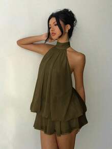 Vestido mini elegante de mujer con cuello halter y lazo en color amarillo claro - Verde militar - Ver 5