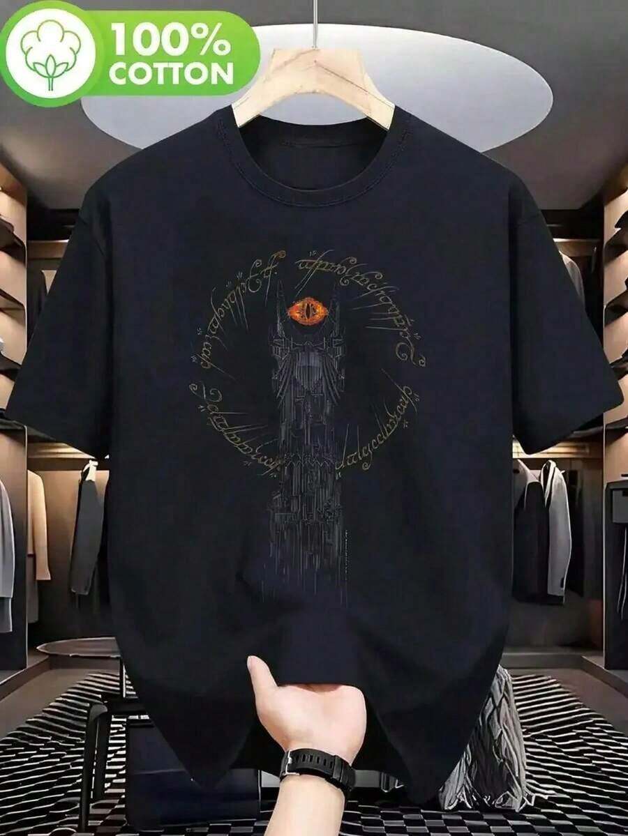 Black Cotton T-Shirt With Eye Of Sauron Print For Movie Fans: Casual Wear, Soft Textured Shirts, Ready-To-Wear Clothing In Standard Sizes For Men, Stylish Casual T-Shirts For Spring And Autumn For Men - 黑色 - 查看 1