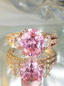 Vanel 1 chiếc nhẫn mạ vàng sang trọng đính đá Cubic Zirconia màu hồng, thiết kế ba viên đá tinh tế, trang sức thời trang, phù hợp để đeo hàng ngày và dự tiệc. - Vàng-Hồng - Xem 4