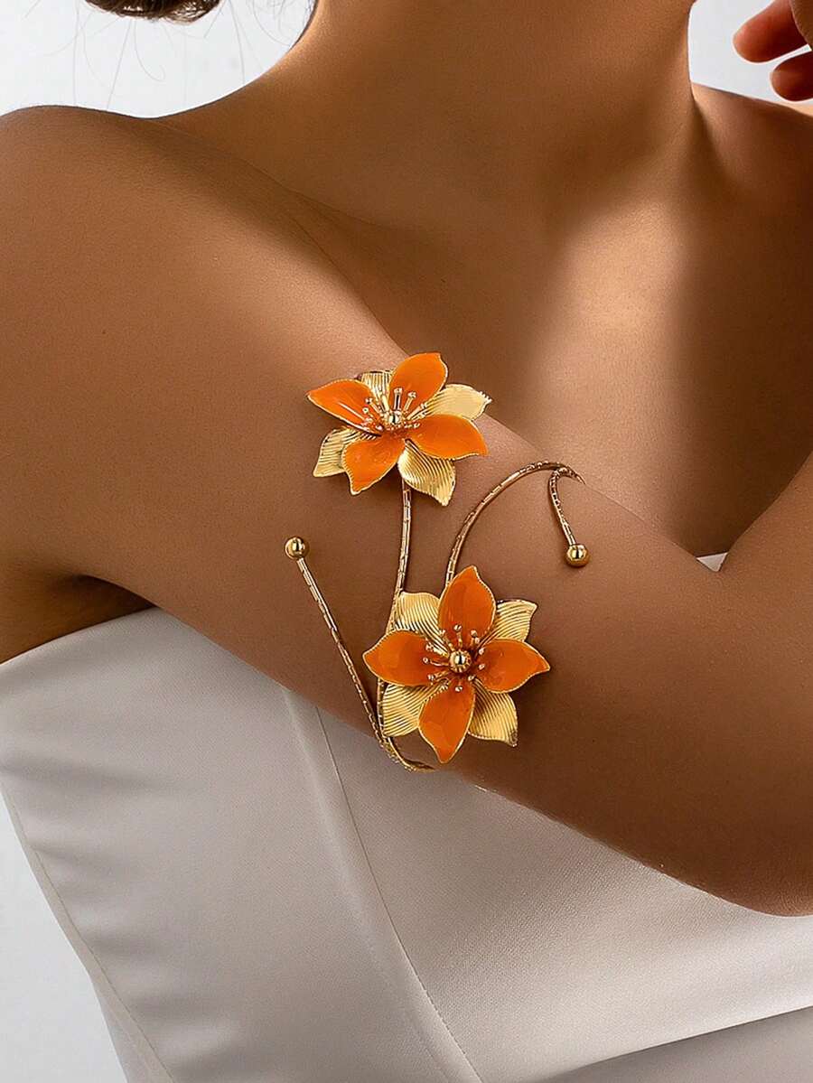 1pc Enamel Double Flower Circular Arm Cuff, Vacation Style Exaggerated Floral Arm Chain, Skin-Friendly 3D Adjustable Petal Design - Orange - View 1