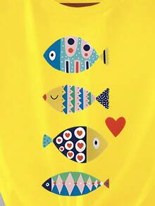 Plus Size Colorful Fish Print Round Neck Short Sleeve T-Shirt High Elastic Fabric Casual - Yellow - View 3