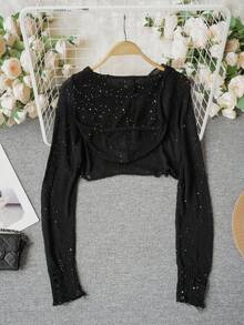 2026夏季性感破洞亮片短款连帽衫，甜美又性感的Y2K街头风透视长袖针织罩衫 - 黑色 - 查看 9