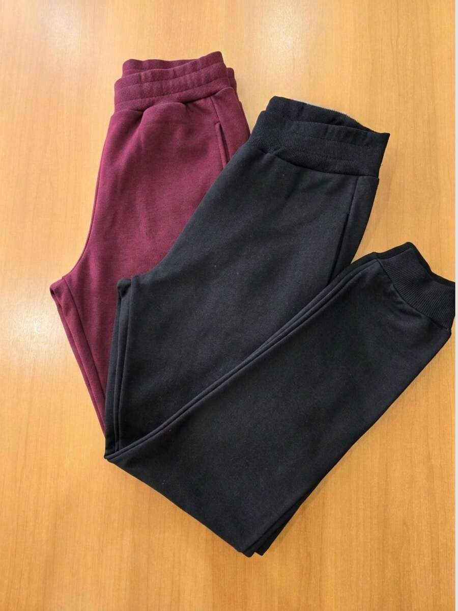 Set Of 2 Women's Fleece-Lined Sweatpants With Warm, Flannel Cuffs And Pockets, Stylish For Winter, Everyday Wear, Work, Casual Wear, Perfect For The World Cup In Brazil, Mother's Day, Or As A Gift. - 酒紅色和黑色 - 查看 1