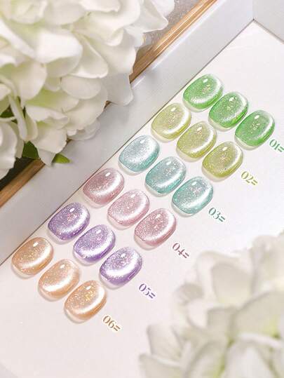 12毫升容量，2026新款情人节礼物，适合春夏季节。流星雨系列，云锦蛋白猫眼凝胶指甲油，带有细腻闪亮的粉色磁性色调，适合夏季使用。完美美甲，搭配底油和亮面封层使用，需使用UV灯固化。植物凝胶，6色套装，适合新手，居家、办公、通勤和约会等场合。无病毒，流行的沙龙级指甲油，可保持28天。