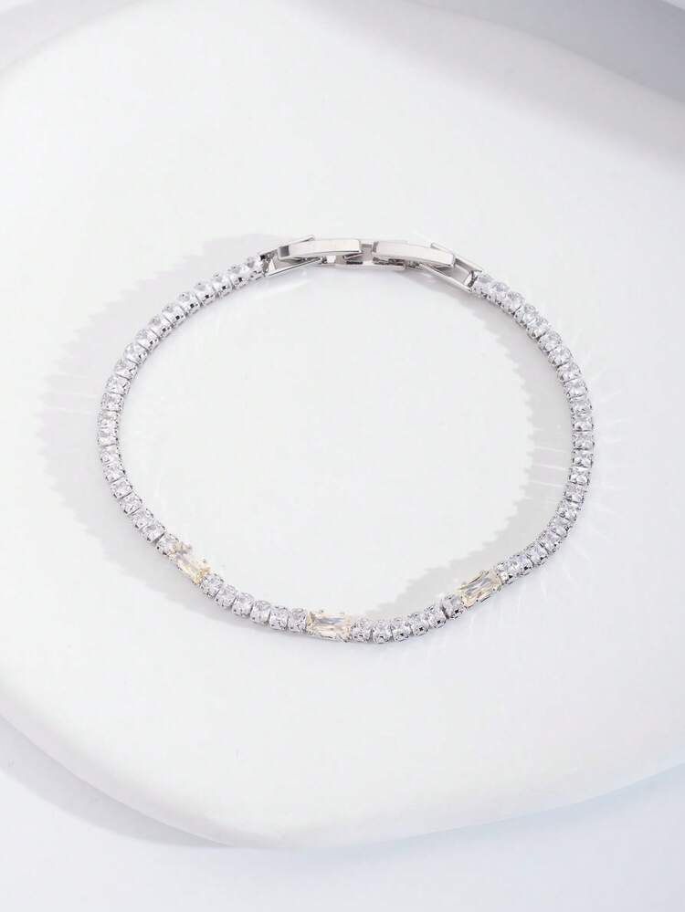 1 Set Luxury Elegant Cubic Zirconia Inlaid Rectangular Bracelet, Suitable For Women's Wedding & Party Wear, Excluding Gift Box - Yellow Gold - View 2