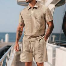 Herren Frühlings-/Sommer-Casual T-Shirt Set, dünner Jacquard Hemdkragen Kurzarm Shorts Anzug - Khaki - Übersicht 4