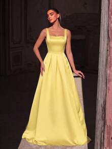 Faeriesty Elegant Jade Green Sleeveless Long Evening Dress, Made Of Luxurious Non-Stretch Satin Fabric, Square Neckline Spaghetti Strap Design, Back Slit, Suitable As Bridesmaid Dress - Yellow - View 3