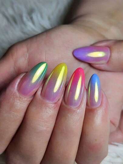 24片杏仁形按压式假指甲，彩色渐变亚克力法式假指甲