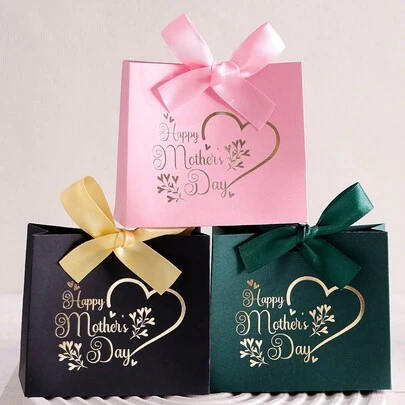 Bộ 10 túi quà mini ngày Mother's Day với họa tiết hoa trái tim mạ vàng, nơ satin và quai dây, túi giấy tinh tế phù hợp cho đám cưới, tiệc công ty, mua sắm và thủ công - Giải pháp quà tặng thời trang cho Giáng sinh, Halloween, quà tặng cho mẹ.