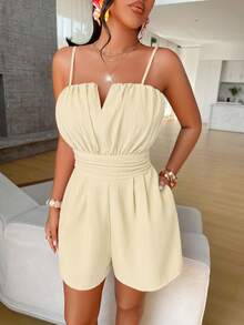 AIJ Amarilo Women's Orange Solid Color Elegant Casual Sexy Adjustable Strap Backless Ruched Romper, Suitable For Summer, Spring, Beach Party, Wedding Guest, Graduation, Holiday - Apricot - View 5