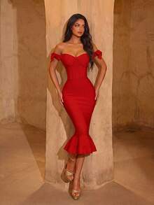 ADYCE Đầm midi dự tiệc dáng đuôi cá hở vai, thắt nơ, eo cao, lưng trần, thanh lịch, thích hợp cho dạ hội, tiệc sinh nhật, tiệc tối trang trọng, hẹn hò, lễ hội, dự đám cưới, tiệc cocktail, họp mặt gia đình, kỳ nghỉ, năm mới và các dịp khác, đặc biệt là dịp Lễ Tình nhân mùa xuân. - Đỏ - Xem 3