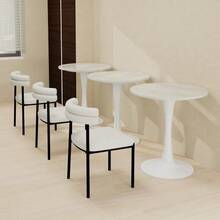 27.6-Inch White Coffee Table, Mid-Century Modern Style Dining Table, Suitable For 2-4 People, Featuring A Round Marble Tabletop With A White Veined Finish, Perfect For Various Settings. - White - View 4