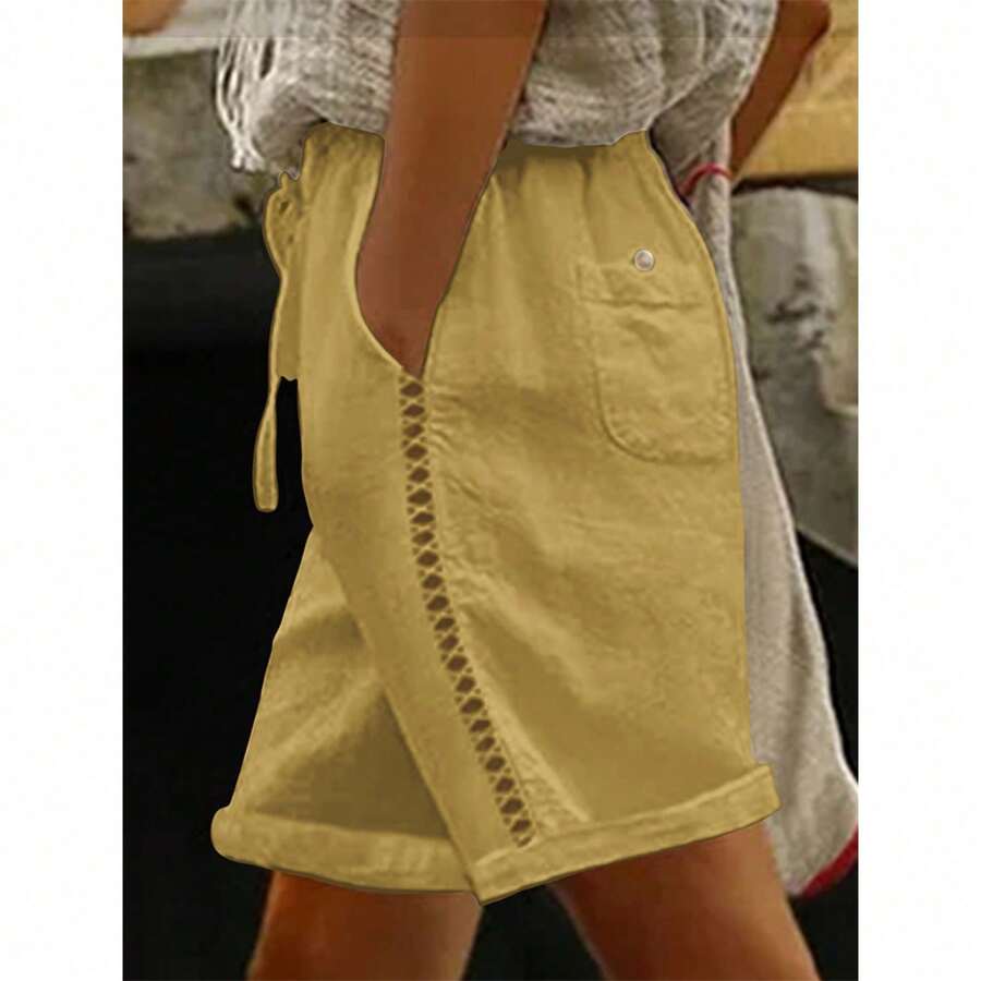 Women's 5-Point Trousers In Openwork Lace And Patchwork, Casual, For Spring And Summer - Yellow - View 1