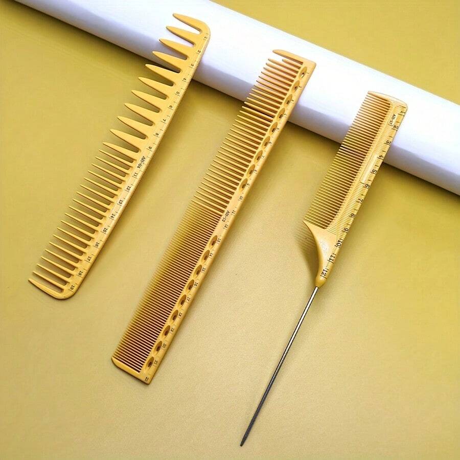 Bộ 3 lược tạo kiểu tóc, lược thước kẻ màu vàng, lược đuôi nhọn, thích hợp cho việc cắt và tạo kiểu chính xác, dụng cụ thiết yếu cho nhà tạo mẫu tóc chuyên nghiệp tại salon. - Màu vàng - Xem 1