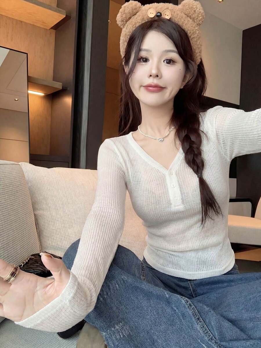 新款春夏性感修身罗纹针织毛衣，弹力百搭修身套头衫，女士 - 白色 - 查看 1