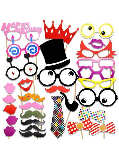 31pcs Birthday Party Photo Booth Props, Including Glasses, Hats, Ties, Mustaches, Lips And Other Creative Paper Photobooth Decorations, Suitable For Birthday Parties, Hawaiian Parties, Weddings And Graduations