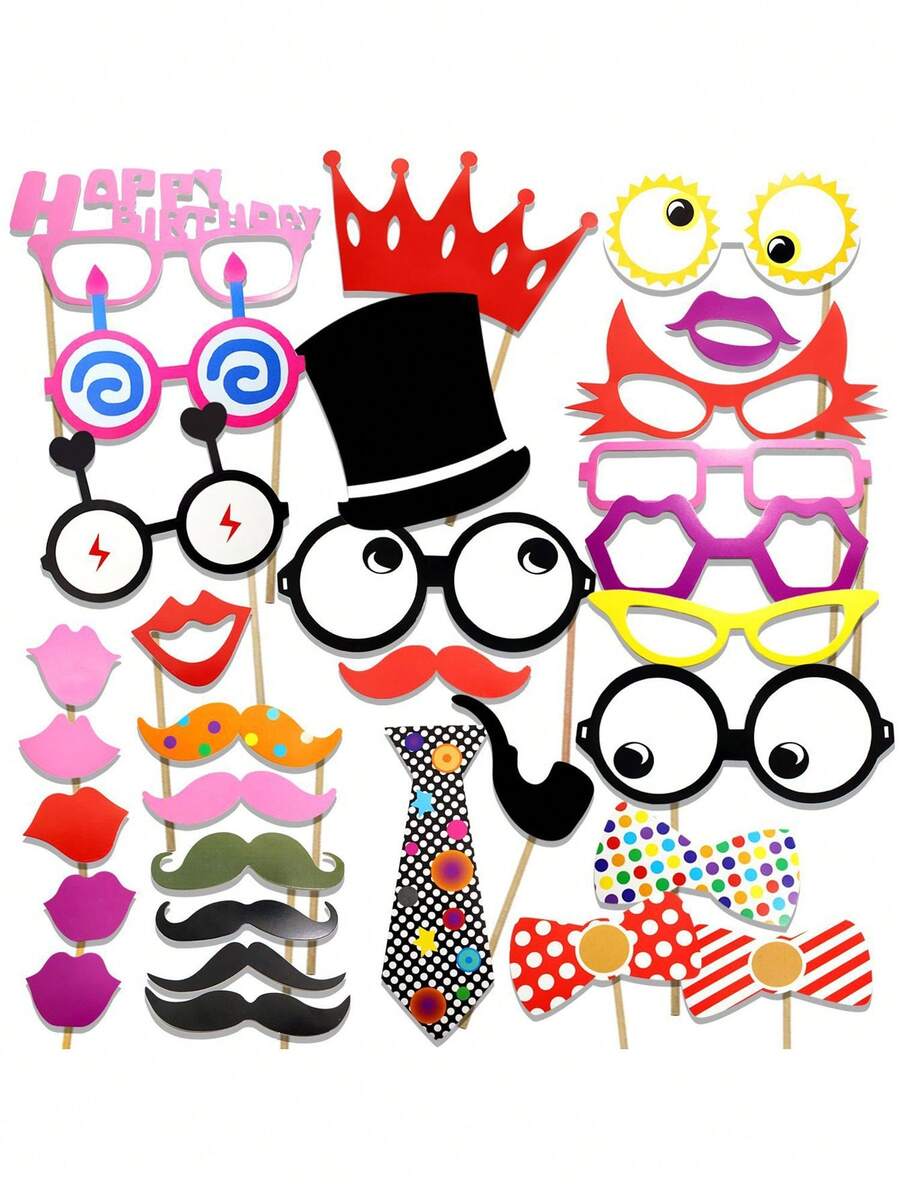 31pcs Birthday Party Photo Booth Props, Including Glasses, Hats, Ties, Mustaches, Lips And Other Creative Paper Photobooth Decorations, Suitable For Birthday Parties, Hawaiian Parties, Weddings And Graduations - Photo Props - View 1