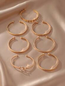 Set de 7 piezas de brazaletes ajustables de metal con elementos de corazón y margarita de moda, adecuado para uso diario y de fiesta de mujeres - Multicolor - Ver 2