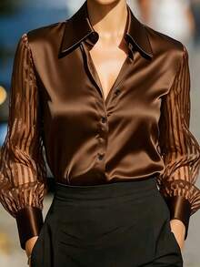 Women's Elegant Solid Color Satin Splice Sheer Sleeve Blouse, Suitable For Office, Vacation And Daily Holiday Wear, Brown Summer - Brown - View 2