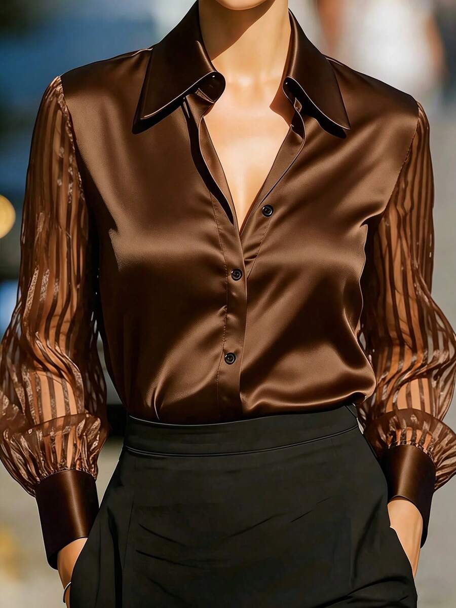 Women's Elegant Solid Color Satin Splice Sheer Sleeve Blouse, Suitable For Office, Vacation And Daily Holiday Wear, Brown Summer