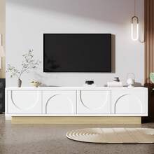 Modern TV Unit With Wooden Insert – 175 Cm – Minimalist Curved Design – Plenty Of Storage And Cable Management Space, White, Black. - White - View 11
