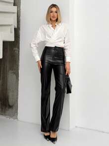 女士时尚纯色高腰修身百搭仿皮喇叭裤 - 黑色 - 查看 5