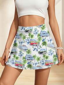 Women Summer Mini Skirt Vintage Car Print Hawaiian Palm Tree Beach Design Gym Activewear Skirts Mini For Womens Running Mini Skirt Leisure Sports - 彩色 - 查看 2