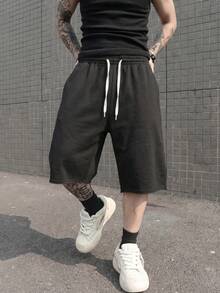 Quần short nam FRACTYR mùa hè, kiểu dáng thường ngày, dáng rộng, có dây rút, gấu quần tua rua, dài đến đầu gối kiểu Mỹ. - màu đen - Xem 6