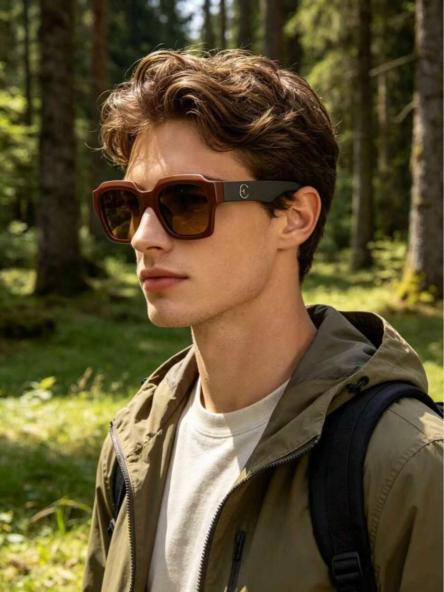 1pc Men's Classic Rectangular Frame High-Quality PC Material Glasses, Minimalist Stylish Fashion, Suitable For Travel, Leisure, Party, Beach, Daily Wear - Tea Frame Tea Slices - View 1