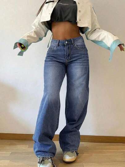 Women'S High-Waist Wide Leg Jeans - Distressed Washed Denim Light Wash Blue Relaxed Fit Straight-Leg Pants, Long Length All-Season Comfort, Casual To Semi-Formal Versatile Casual Attire, Durable Non-Stretch Fabric (No Slouching Slightly Tapered Leg)