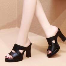 Women's Summer Fashion Black Solid Color High Heel Sandals, Outdoor Casual Slip-On Slippers, Sweet Mother Shoes - Black - View 5