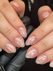 24片短款粉色指甲片，带闪粉涂层，白色波点杏仁形指甲 + 1瓶果冻胶 + 1个指甲锉 - 粉色 - 查看 1