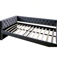 Cama nido de estilo transicional con acabado gris, con ribete de tachuelas, tapizado acolchado con botones capitoneados, diseño de esmoquin, incluye kit de listones - Gris + Franela + Madera + Transicional1 - Ver 4