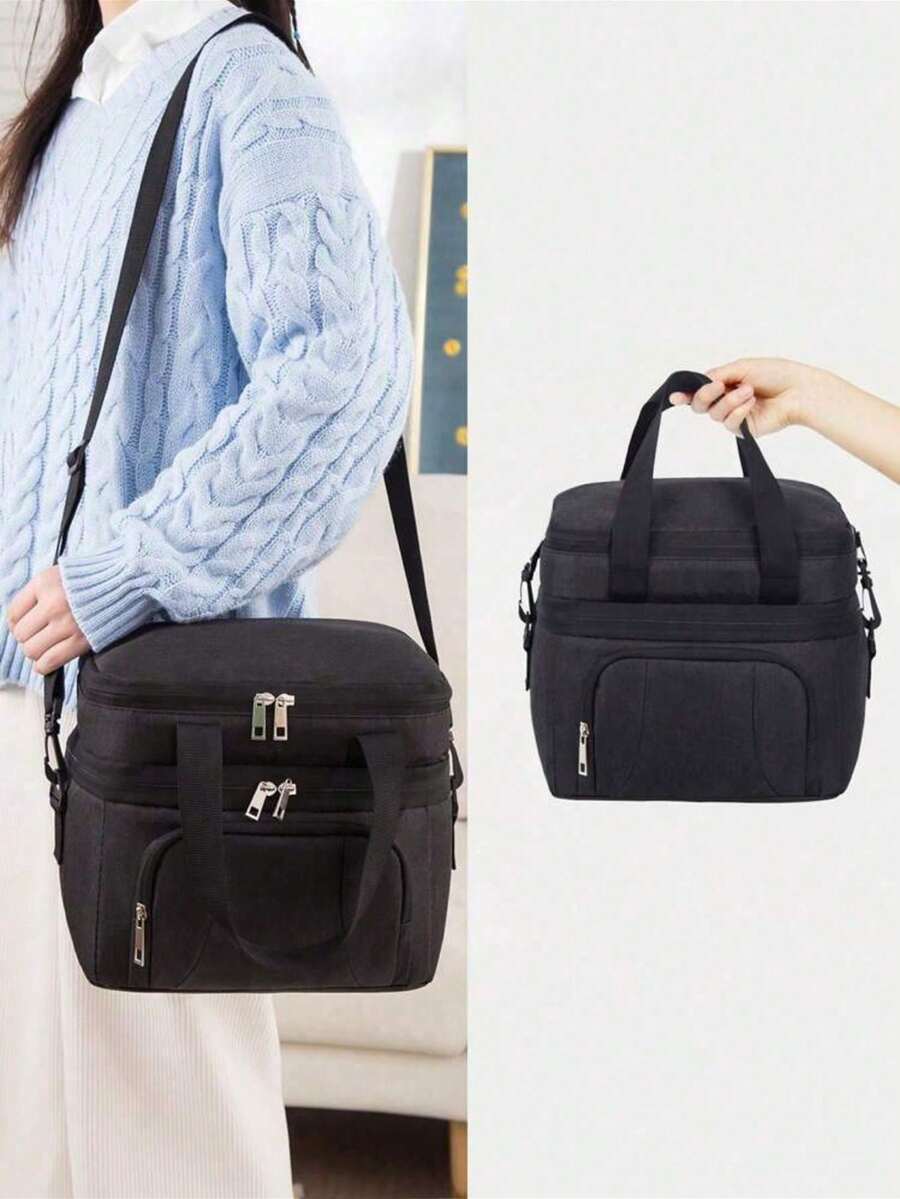 1pc Large Capacity Insulated Lunch Bag With Shoulder Strap, Double-Layer Design With Built-In Ice Pack, Suitable For Storage, Kitchen Organization, Room Decor, Home Decor, Christmas Gift, Back To School Gift, Outdoor Tote - Multicolor - View 1