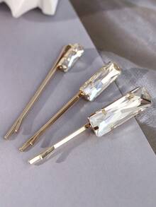 3/6 piezas Pasadores de pelo geométricos rectangulares minimalistas franceses, con rhinestones brillantes, set de pasadores de pelo elegantes y versátiles para fiestas y uso diario, accesorios para el cabello, viajes, cumpleaños - Dorado - Ver 8