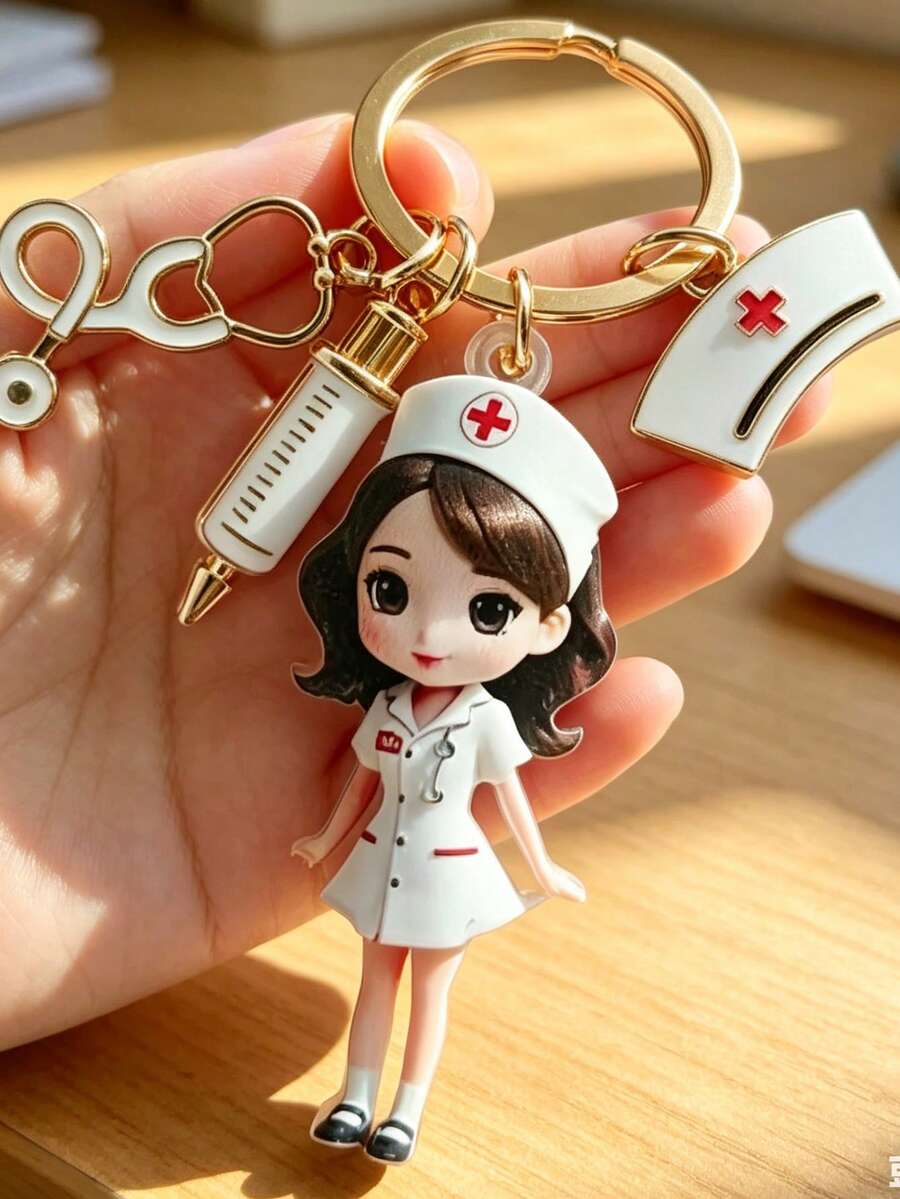 Chaveiro temático de enfermagem com estetoscópio e touca - Ótimo presente para enfermeiros, equipe médica, mochilas, carros ou carteiras, acessórios de enfermagem, chaveiro de liga de zinco com tema médico, pingente de coração, seringa, estetoscópio e coração anatômico - Presente perfeito de agradecimento para enfermeiros e profissionais de saúde, acessório artesanal, presente de agradecimento para enfermeiros - Multicolorido - Ver 1