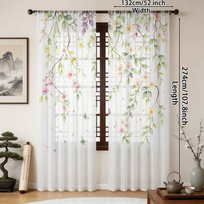NOSBEI 2 Stück Boho-Stil Aquarell Blumen Muster Halbtransparente Vorhänge, mit Gardinenband Design, sanft filterndes Licht, geeignet für Wohnzimmer Schlafzimmer Heimdekoration, Größe 132*213 cm
