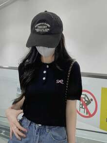Áo thun ngắn tay cổ polo, chất liệu dệt họa tiết, thêu nơ, màu đen, thích hợp mặc mùa hè. - màu đen - Xem 3