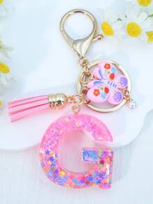 1pc Resin Letter Keychain With Butterfly & Pearl Decor, Minimalist Bag Charm, Holiday Gift For Women A-Z - Baby Pink - View 27