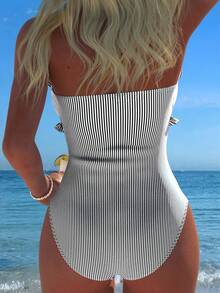 New Fashionable Sexy Elegant Striped Lace Ruffle Bust Bow Detachable Strap One-Piece Swimsuit For Beach, Pool Party, Vacation Black Summer - Black - View 2