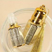 Bộ 3/6 chai lăn mini bằng thủy tinh mạ vàng, kiểu dáng Ả Rập, chai đựng tinh dầu có thể tái sử dụng, có tua rua, chỉ rửa bằng tay. - Nhiều màu - Xem 3
